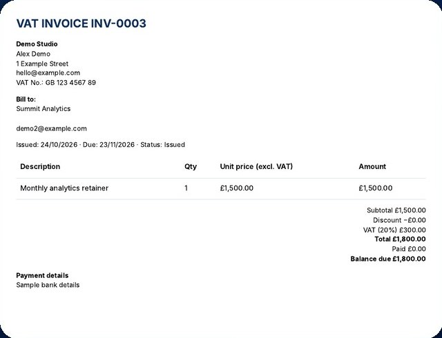 Sample VAT invoice created with the app